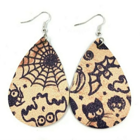 Orange Cream Ghost Bat Spider Leather Teardrop Dangle Drop Earrings - Picture 4 of 4